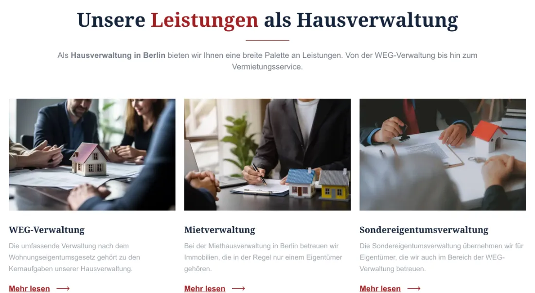 Ausschnitt der Website von Promeda Hausverwaltung GmbH, Berlin: Drei klar betitelte Kacheln mit „Mehr lesen“ — wer sucht, erkennt sofort den passenden Service und hat den nächsten Klick parat.