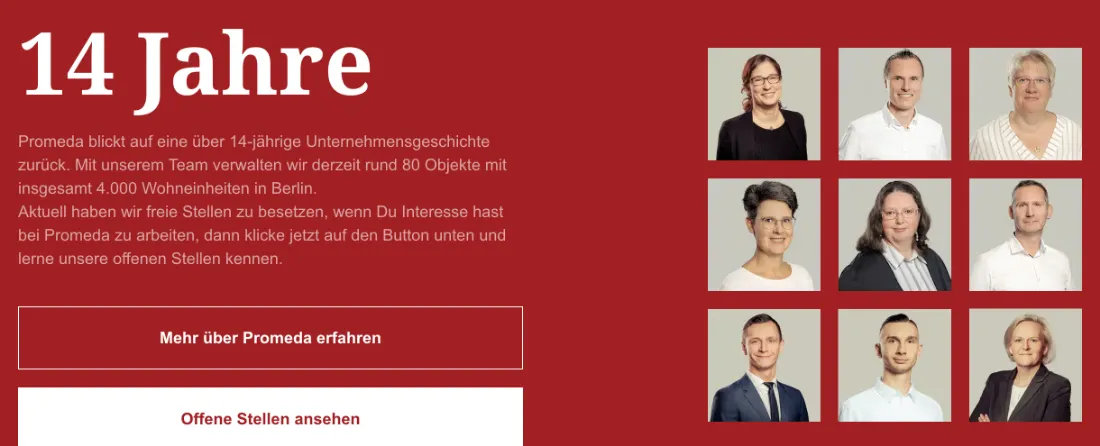 Ausschnitt der Website von Promeda Hausverwaltung GmbH, Berlin: 14 Jahre, 80 Objekte, 4.000 Einheiten — konkrete Zahlen schaffen Orientierung; daneben neun Gesichter machen das Team greifbar.