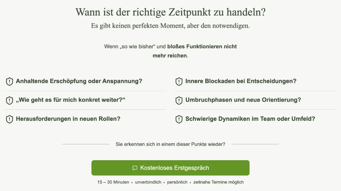 Ausschnitt der Website von PROSOPON, Rhein-Sieg-Kreis: Sechs konkrete Probleme plus Button fürs 15–30‑Min‑Erstgespräch — wer sucht, erkennt sich wieder und weiß, wie der Start läuft.