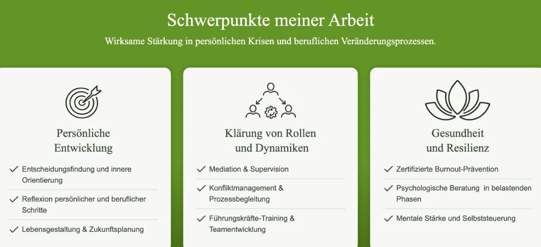 Ausschnitt der Website von PROSOPON, Rhein-Sieg-Kreis: Drei Themenfelder mit je drei Leistungen ordnen das Angebot — der Besucher findet ohne Rätsel den passenden Einstiegspunkt.