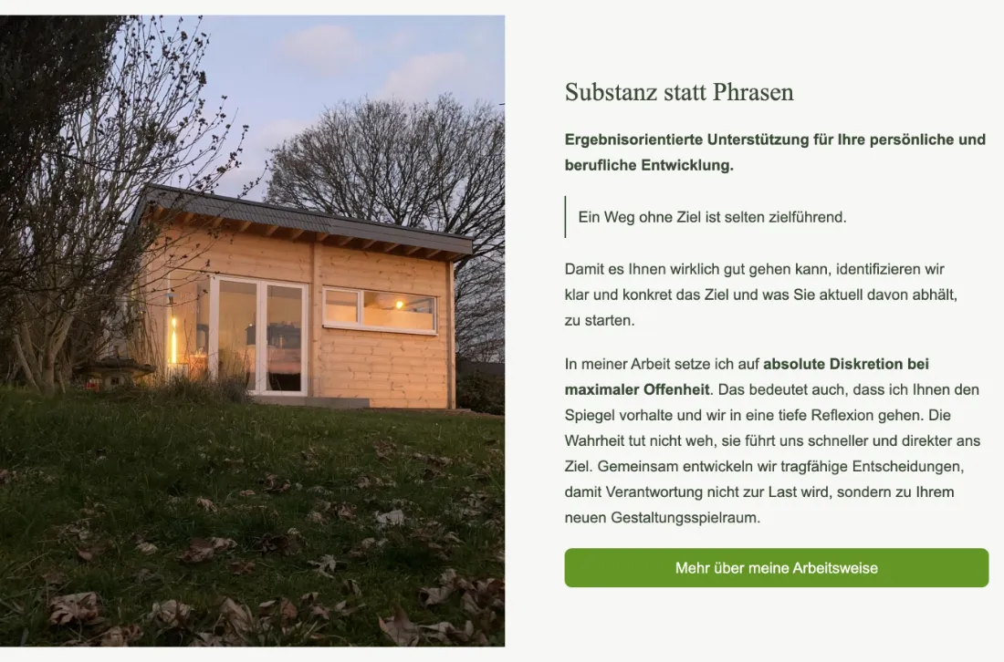 Ausschnitt der Website von PROSOPON, Rhein-Sieg-Kreis: Arbeitsprinzipien werden konkret benannt — Zielklärung, Hindernisse, Diskretion — und ein Button führt zur ausführlichen Methode.