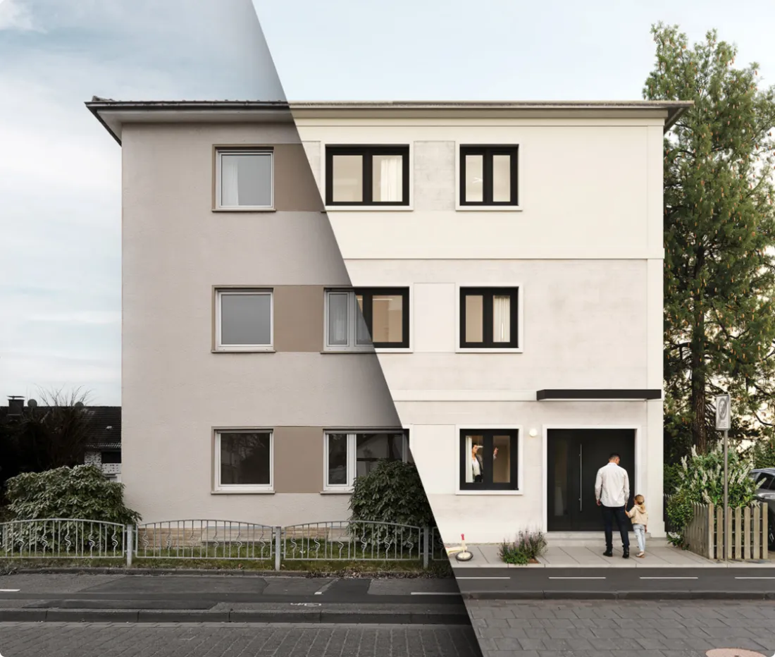 Ausschnitt der Website von P.S.A. Bauunternehmung GmbH, Rhein-Sieg-Kreis: Vorher und Nachher in einem Bild — wer vergleichen will, erkennt Wirkung und Stil der Sanierung ohne lange Erklärungen.
