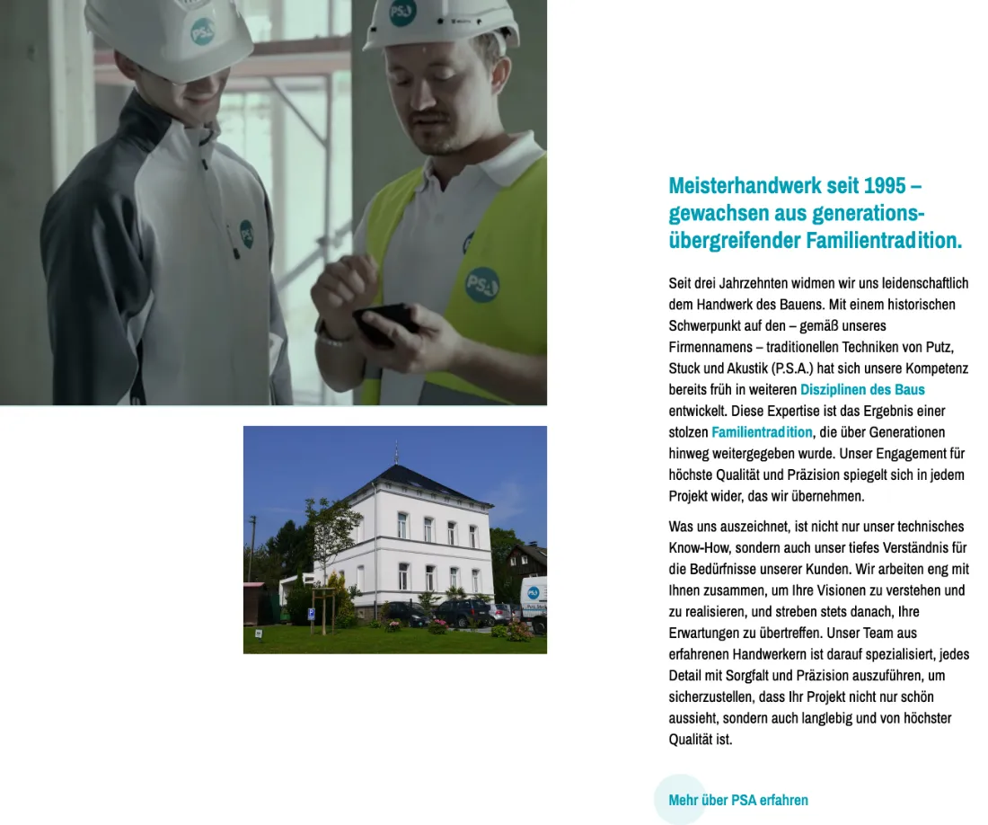 Ausschnitt der Website von P.S.A. Bauunternehmung GmbH, Rhein-Sieg-Kreis: Konkrete Jahreszahl 1995 und kurze Firmenstory — wer Erfahrung prüft, bekommt Einordnung und kann per Link tiefer einsteigen.