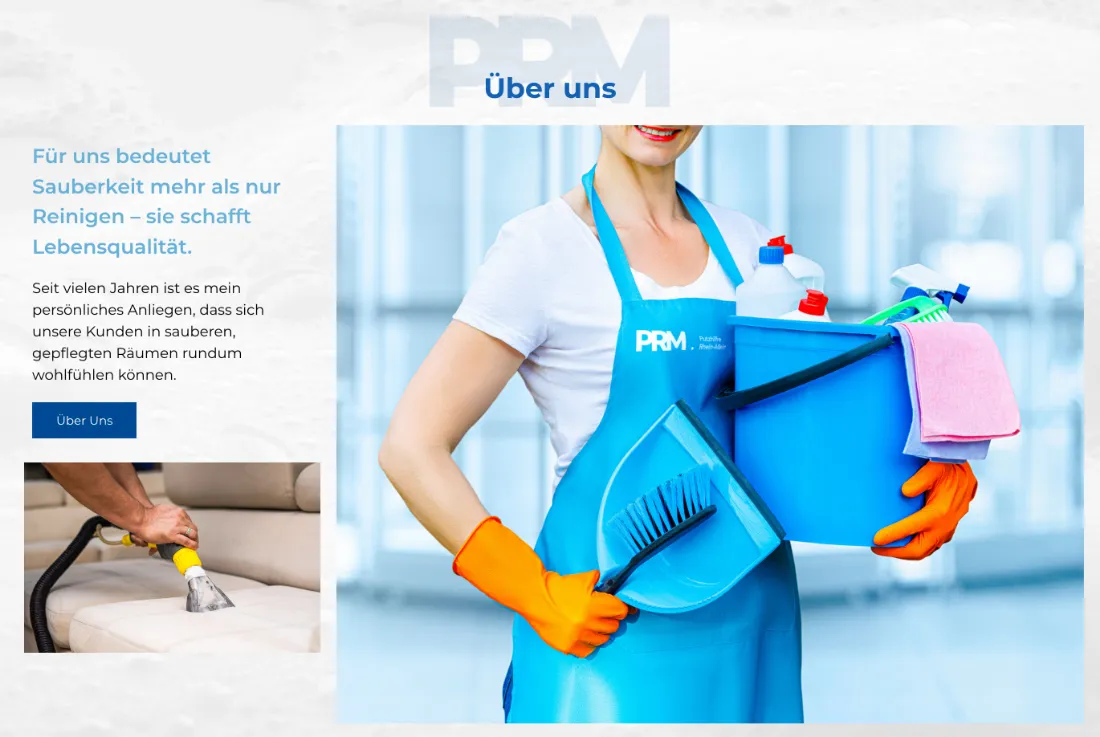 Ausschnitt der Website von Putzhilfe Rhein-Main, Frankfurt am Main: Logo auf Schürze und Eimer wiederholt sich — der Besucher ordnet Bilder und Aussagen sofort eindeutig dem Betrieb zu.
