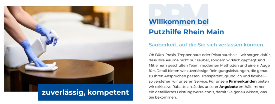Ausschnitt der Website von Putzhilfe Rhein-Main, Frankfurt am Main: Vier Einsatzorte explizit benannt — wer sucht, erkennt sofort, ob Büro, Praxis, Treppenhaus oder Haushalt passt.