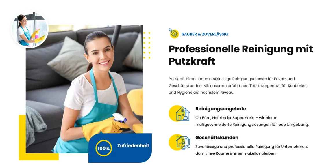 Ausschnitt der Website von Putzkraft, Mülheim an der Ruhr: 100%-Siegel und zwei klar benannte Bereiche — wer sucht, erkennt sofort, ob Privat- oder Geschäftskunde gemeint ist.