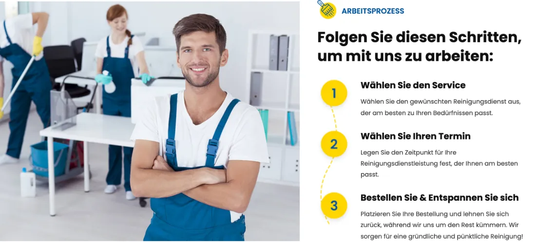Ausschnitt der Website von Putzkraft, Mülheim an der Ruhr: Drei klar nummerierte Schritte (1–3) erklären den Ablauf — der Besucher weiß sofort, wie Buchung und Terminfindung funktionieren.