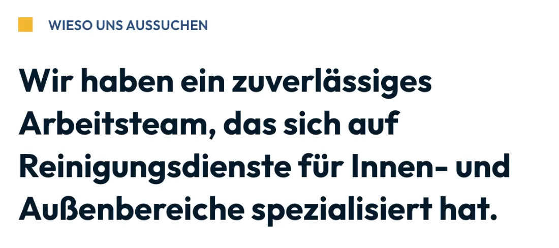 Ausschnitt der Website von Quality Reinigungsservice GmbH, Hamburg: Klare Aussage zu Innen- und Außenreinigung — der Besucher weiß sofort, welche Einsatzbereiche abgedeckt sind.
