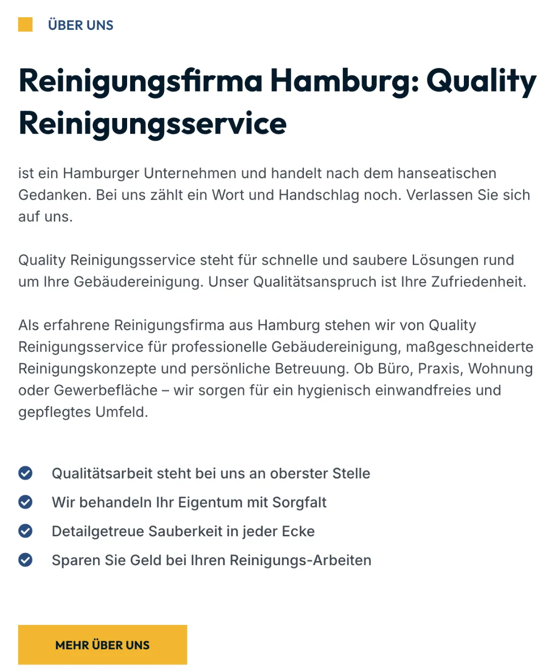 Ausschnitt der Website von Quality Reinigungsservice GmbH, Hamburg: Klare Ortsangabe „Hamburg“ im Titel und vier Stichpunkte darunter — der Besucher prüft Relevanz und Nutzen ohne langes Lesen.