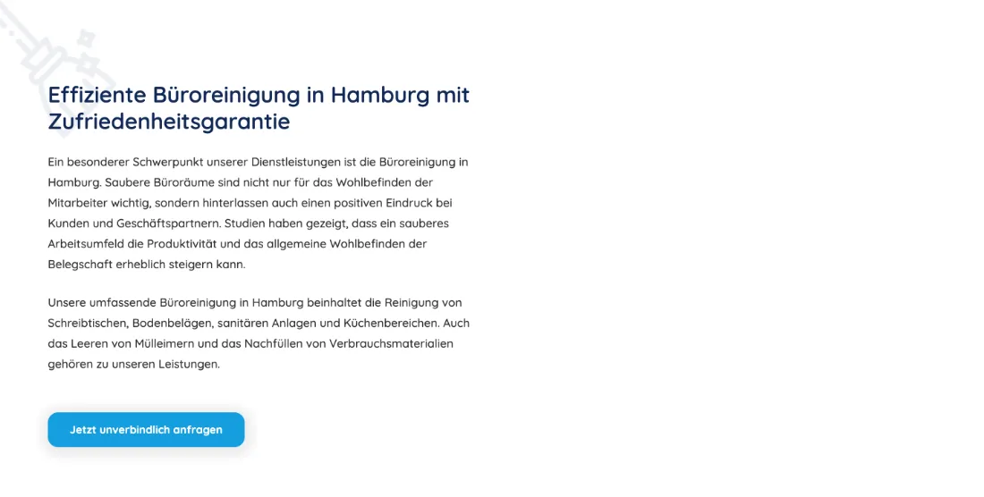Ausschnitt der Website von BRH Baureinigung Hamburg GmbH, Hamburg: Aufgaben wie Schreibtische, Böden, Sanitär und Küche sind genannt — der Besucher weiß genau, was enthalten ist.
