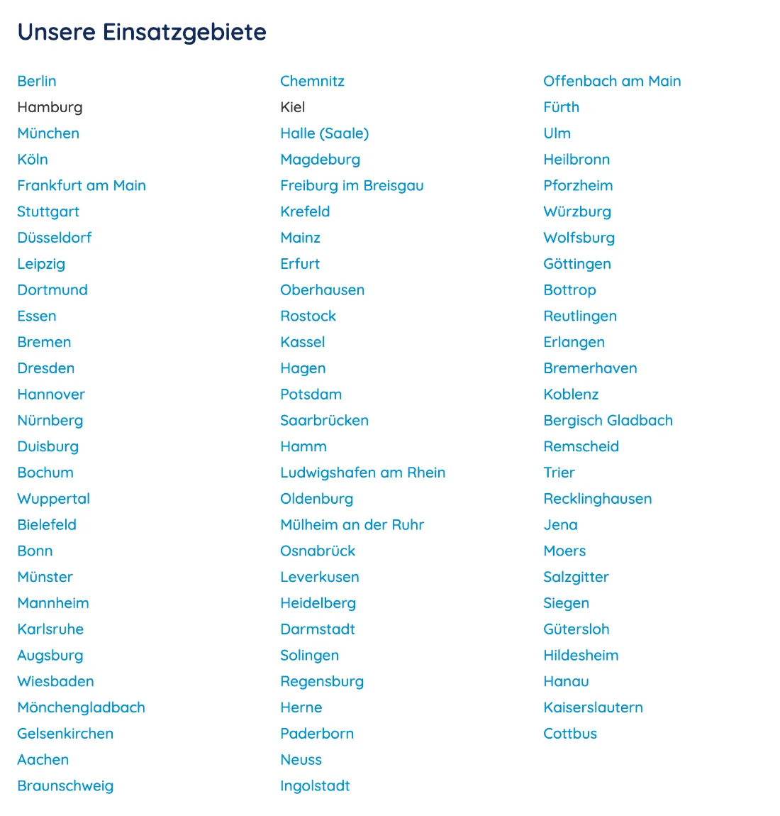 Ausschnitt der Website von BRH Baureinigung Hamburg GmbH, Hamburg: Drei Spalten mit Städtenamen als Links — wer sucht, sieht auf einen Blick, ob der eigene Standort abgedeckt ist.
