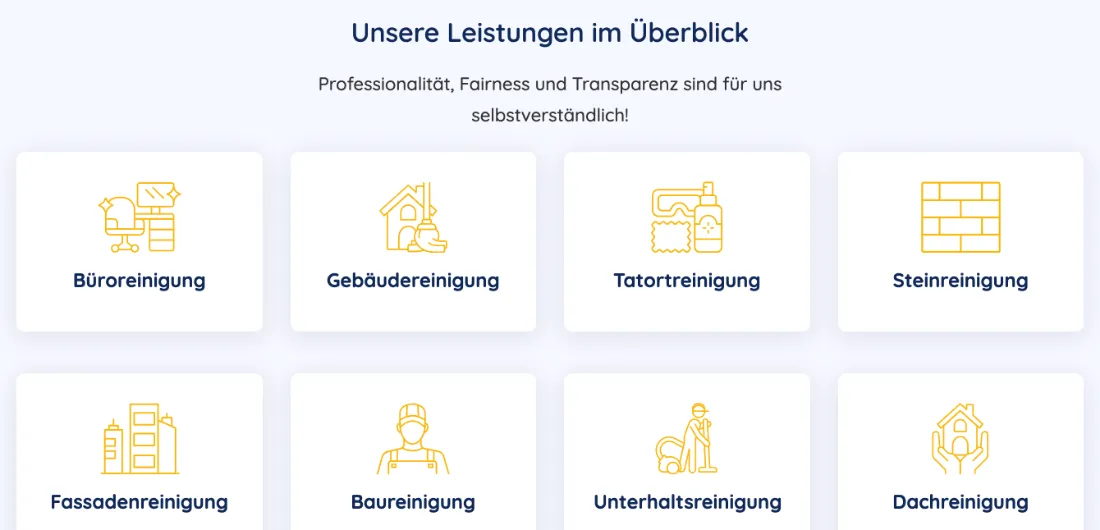 Ausschnitt der Website von BRH Baureinigung Hamburg GmbH, Hamburg: Acht Kacheln mit klaren Bezeichnungen — der Besucher überfliegt das Angebot in Sekunden und klickt direkt zum Bedarf.