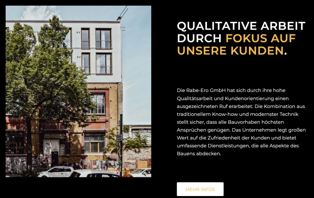 Ausschnitt der Website von RABE-ERO GmbH, Berlin: Bild und Text im Split-Layout — wer liest, sieht zugleich ein reales Projekt und muss die Qualitätsaussage nicht erraten.