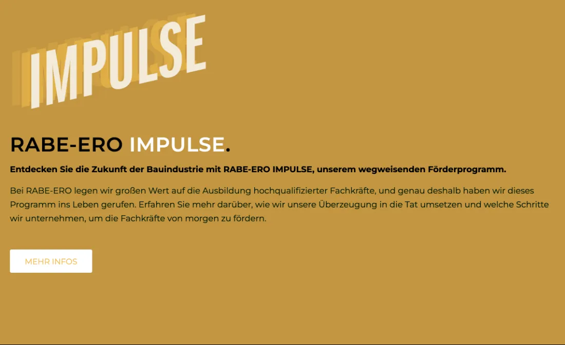 Ausschnitt der Website von RABE-ERO GmbH, Berlin: Eigenes Förderprogramm mit klarer Bezeichnung — wer Karriere sucht, erkennt sofort Anlaufstelle und klickt auf Mehr Infos.