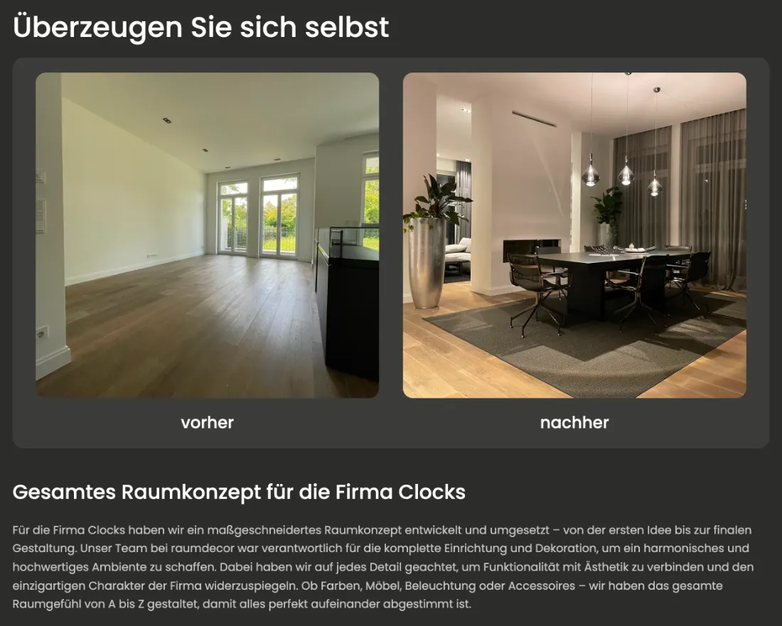Ausschnitt der Website von raumdecor Schnell, Landkreis Ludwigsburg: Vorher und Nachher direkt nebeneinander — das belegt die Arbeit, statt sie zu behaupten.