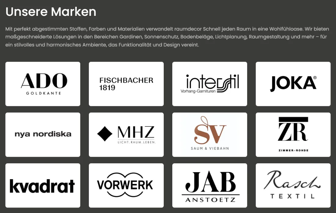 Ausschnitt der Website von raumdecor Schnell, Landkreis Ludwigsburg: Zwölf Herstellermarken auf einen Blick — Auswahl und Qualität belegt, ohne ein Wort Eigenlob.