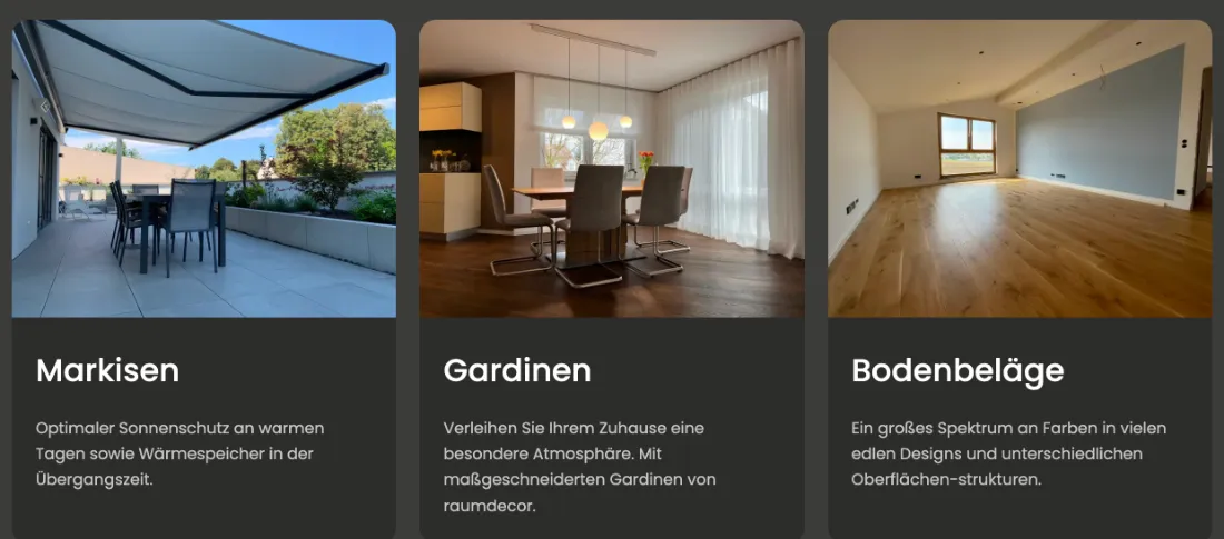 Ausschnitt der Website von raumdecor Schnell, Landkreis Ludwigsburg: Jede Leistung mit Foto und zwei Sätzen Erklärung — der Besucher muss nichts erraten.