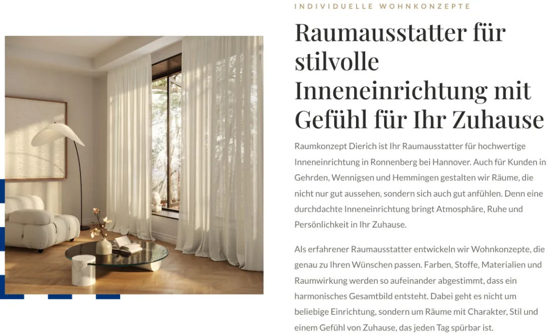 Ausschnitt der Website von Raumkonzept Dierich Ronnenberg – Raumausstatter Website-Bewertung 2026, Hannover: Ort und Einzugsgebiet werden benannt — Ronnenberg plus drei Nachbarorte geben Gewissheit, ob der Betrieb vor Ort arbeitet.