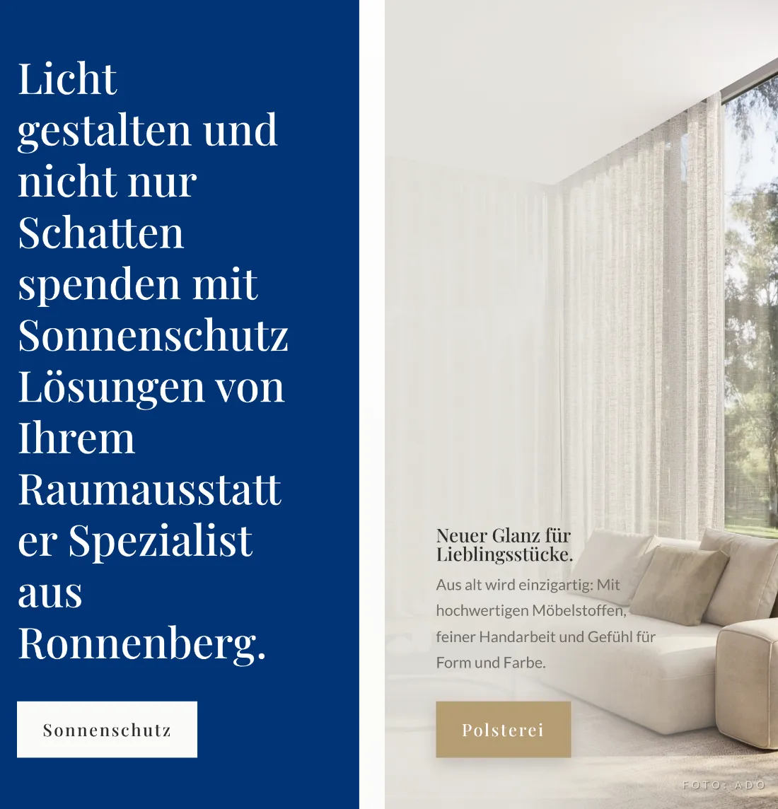 Ausschnitt der Website von Raumkonzept Dierich Ronnenberg – Raumausstatter Website-Bewertung 2026, Hannover: Nebeneinander platzierte Leistungen mit Buttons — zwei klare Wege, der Besucher muss nichts erraten und wählt sofort sein Thema.