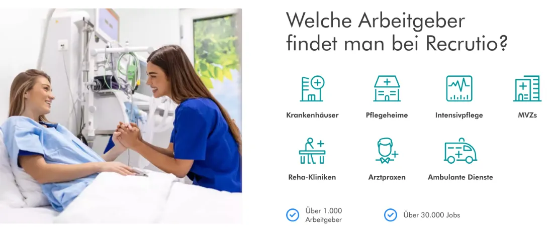 Ausschnitt der Website von Recrutio GmbH, Dresden: Sieben Kategorien und zwei Kennzahlen (1.000+ Arbeitgeber, 30.000+ Jobs) — Reichweite und Zielgruppen sind sofort klar.