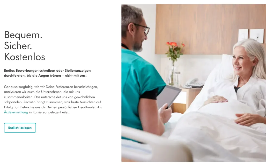 Ausschnitt der Website von Recrutio GmbH, Dresden: Drei klare Versprechen und ein einziger Button — wer sucht, versteht das Angebot sofort und hat einen eindeutigen nächsten Schritt.