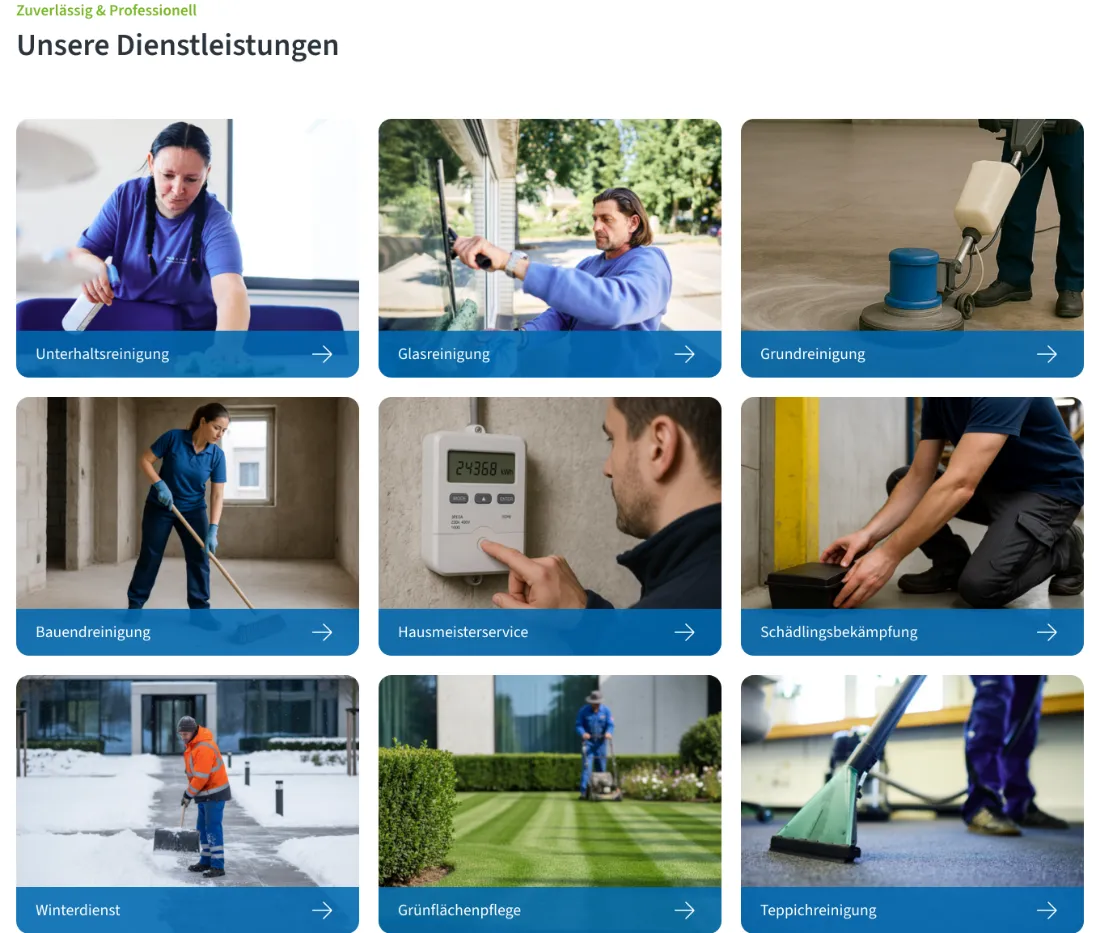 Ausschnitt der Website von Gebäudereinigung Reils & Wahl GmbH, Kreis Mettmann: Neun klar beschriftete Kacheln decken die Leistungen ab — wer sucht, findet seinen Bedarf ohne langes Suchen.