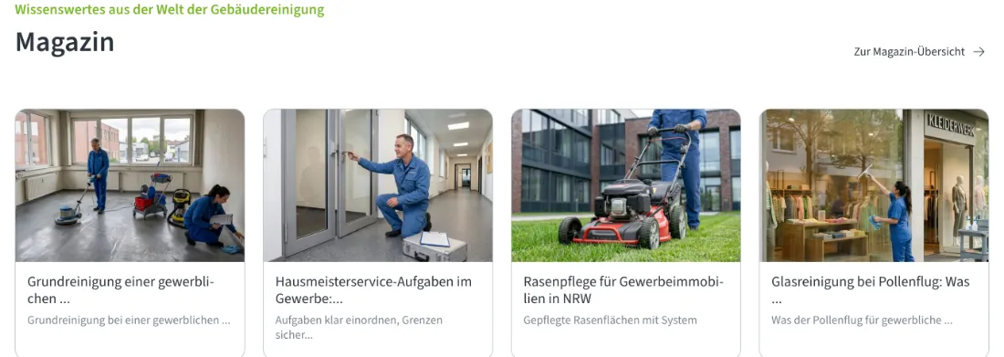 Ausschnitt der Website von Gebäudereinigung Reils & Wahl GmbH, Kreis Mettmann: Vier Magazinbeiträge mit Bildern und Teasern — erklärt typische Fragen vorab und schafft Orientierung vor der Anfrage.