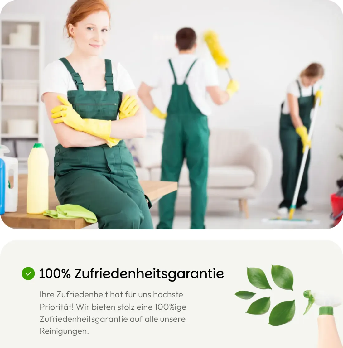 Ausschnitt der Website von Reinigungmunchen, München: Die Garantie nennt die Leistung: kostenloses Nachreinigen bei Mängeln — wer bucht, weiß konkret, was 100% bedeutet.