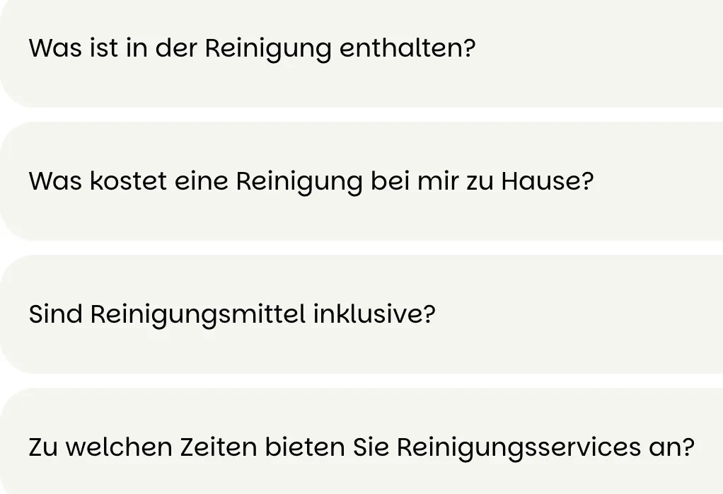 Ausschnitt der Website von Reinigungmunchen, München: Vier FAQs im Akkordeon zu Umfang, Preis, Mitteln und Zeiten — der Besucher findet Antworten ohne Scrollen und Rätselraten.