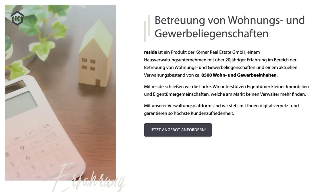 Ausschnitt der Website von Körner Real Estate GmbH, Salzgitter: 8.500 Einheiten und 20 Jahre Erfahrung — der Besucher erkennt Umfang und Reife des Angebots auf einen Blick.