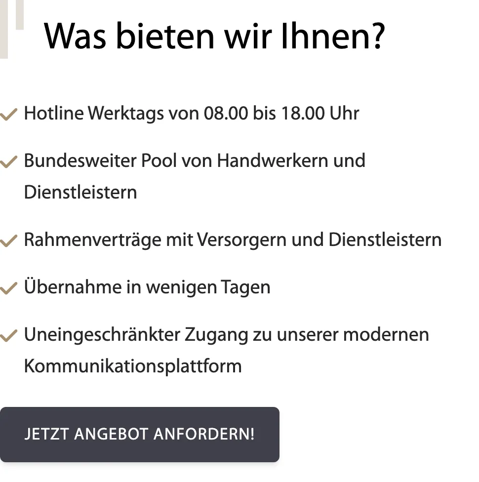 Ausschnitt der Website von Körner Real Estate GmbH, Salzgitter: Fünf konkrete Punkte mit Zeiten und Fristen — wer sucht, sieht Hotline 08–18 Uhr und Start in wenigen Tagen auf einen Blick.