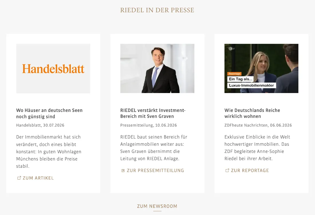 Ausschnitt der Website von RIEDEL Immobilien GmbH, München: Drei Pressebelege mit Quelle und Datum — wer prüft, findet unabhängige Nachweise und kann per Link direkt weiterlesen.