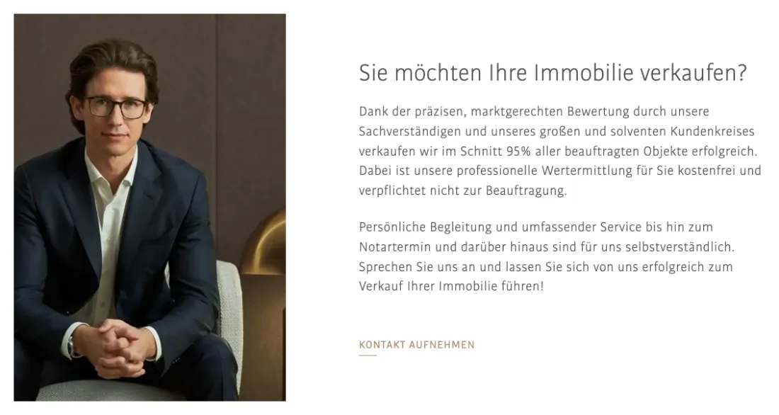 Ausschnitt der Website von RIEDEL Immobilien GmbH, München: Konkrete Kennzahl (95 %) und klare Zusage: Wertermittlung ist kostenfrei und ohne Pflicht — das senkt Risiko und Hürden.