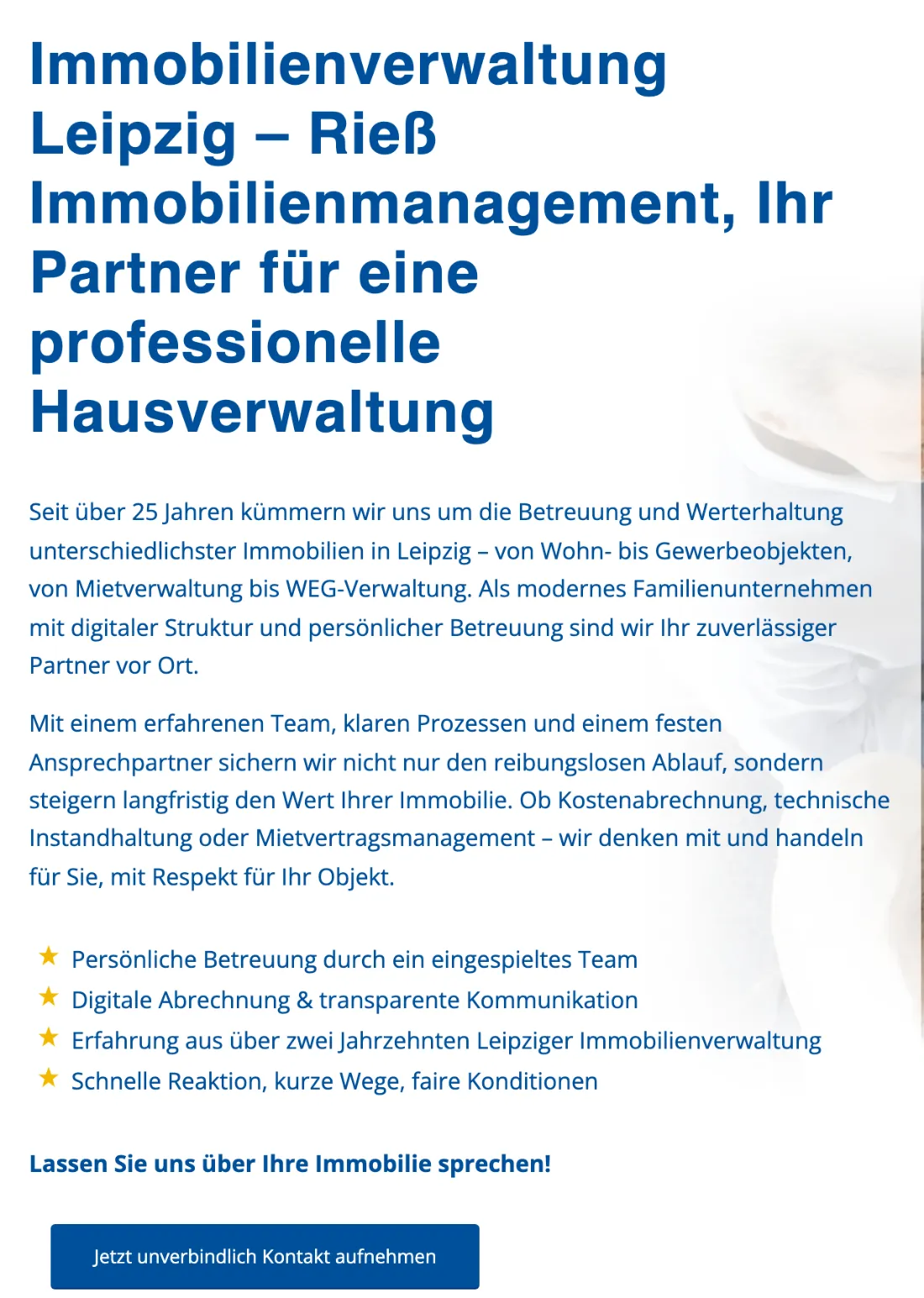 Ausschnitt der Website von Hausverwaltung Rieß Immobilienmanagement, Leipzig: 25+ Jahre Erfahrung und 4 klar benannte Vorteile — der Besucher sieht auf einen Blick Nutzen und Verlässlichkeit.