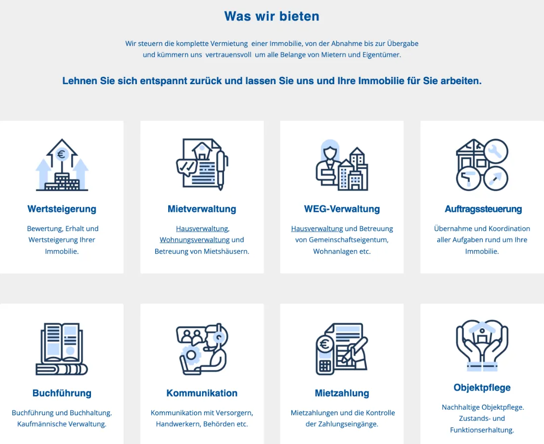 Ausschnitt der Website von Hausverwaltung Rieß Immobilienmanagement, Leipzig: Acht Kacheln mit kurzen Erläuterungen strukturieren das Angebot — wer sucht, findet sofort die passende Leistung.