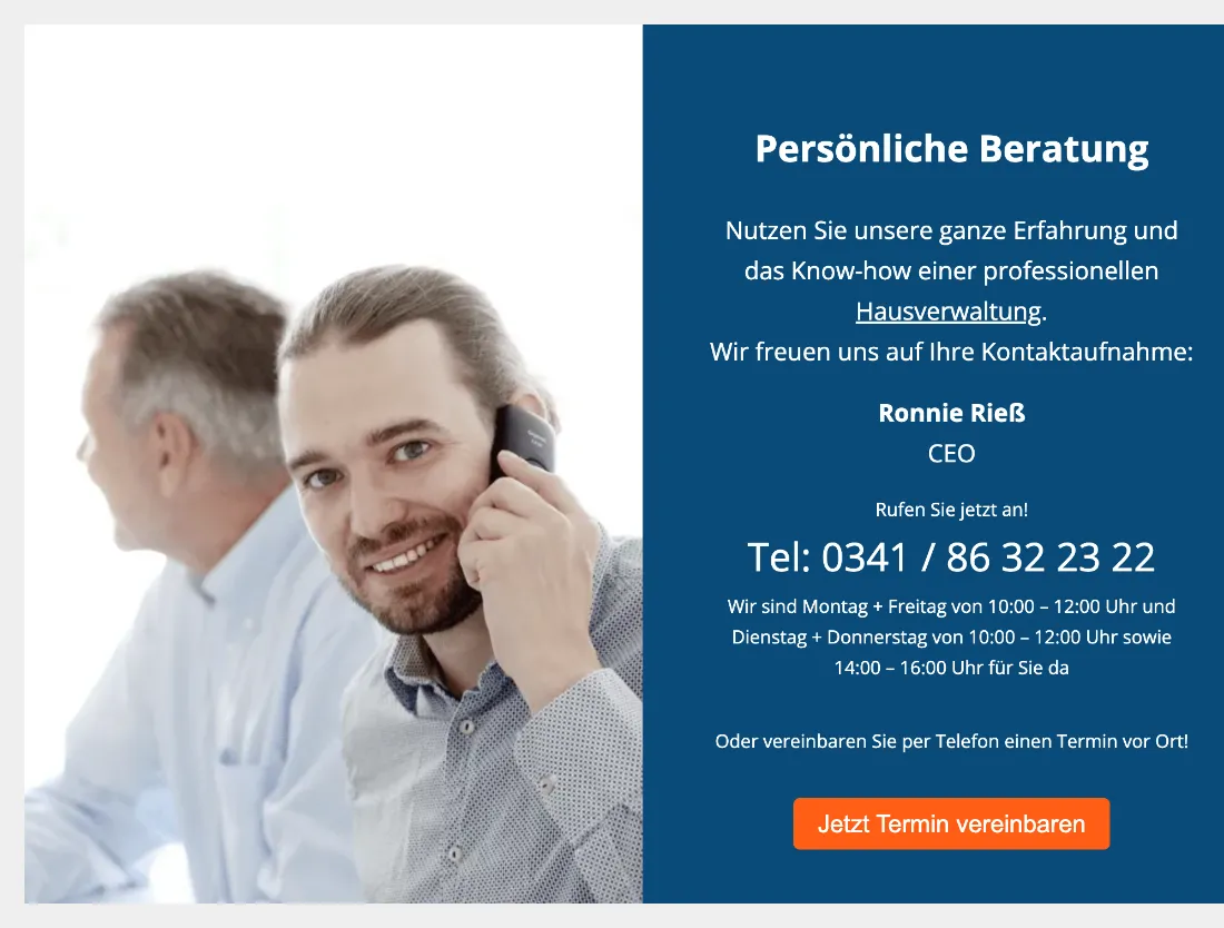 Ausschnitt der Website von Hausverwaltung Rieß Immobilienmanagement, Leipzig: Große Rufnummer und feste Zeiten an 4 Tagen (10–12, Di+Do zusätzlich 14–16) — der Besucher weiß sofort, wann Kontakt passt.