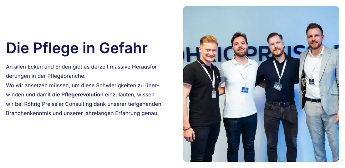 Ausschnitt der Website von Röhrig Preissler Consulting GmbH, Leverkusen: Die Überschrift nennt das Problem klar — wer in der Pflege betroffen ist, erkennt sofort Relevanz und liest direkt den Lösungsweg daneben.
