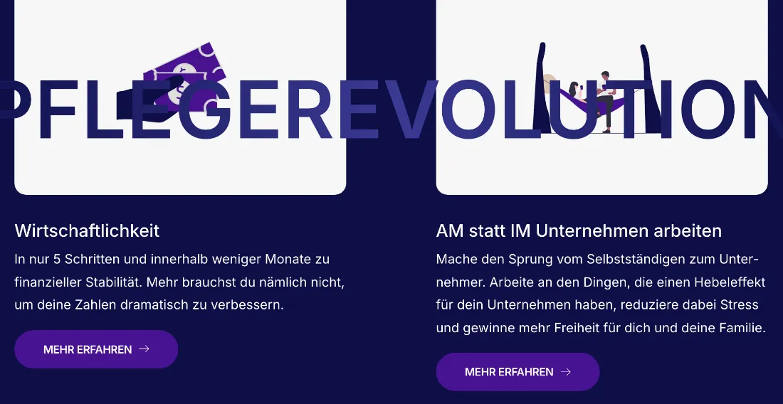 Ausschnitt der Website von Röhrig Preissler Consulting GmbH, Leverkusen: Zwei Kacheln mit Nutzenüberschriften und klaren Buttons — wer vertiefen will, steigt per 'Mehr erfahren' in 5 Schritten gezielt ein.