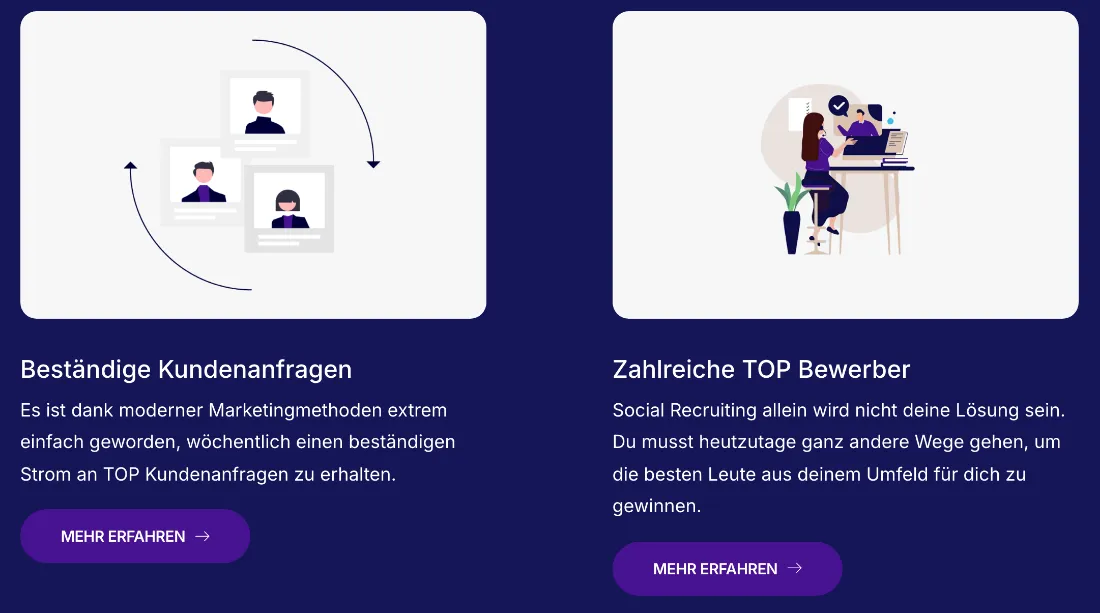 Ausschnitt der Website von Röhrig Preissler Consulting GmbH, Leverkusen: Konkrete Ergebnis-Überschriften und gleiches Layout — der Besucher vergleicht schnell zwei Wege zu Anfragen und Bewerbern, je ein Button.