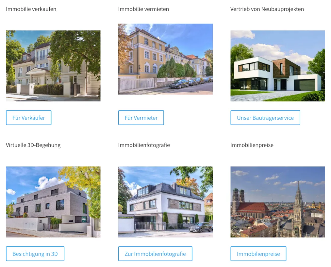 Ausschnitt der Website von Katerina Rogers Immobilienvermittlung, München: Sechs Kacheln mit klaren Buttons — wer verkaufen, vermieten, Preise oder 3D will, findet den Einstieg ohne Suchen.