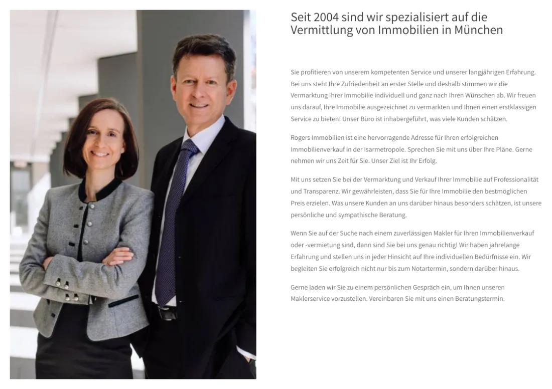 Ausschnitt der Website von Katerina Rogers Immobilienvermittlung, München: Überschrift nennt „Seit 2004“ und München als Schwerpunkt — wer Erfahrung und Gebiet prüft, muss nichts erraten.