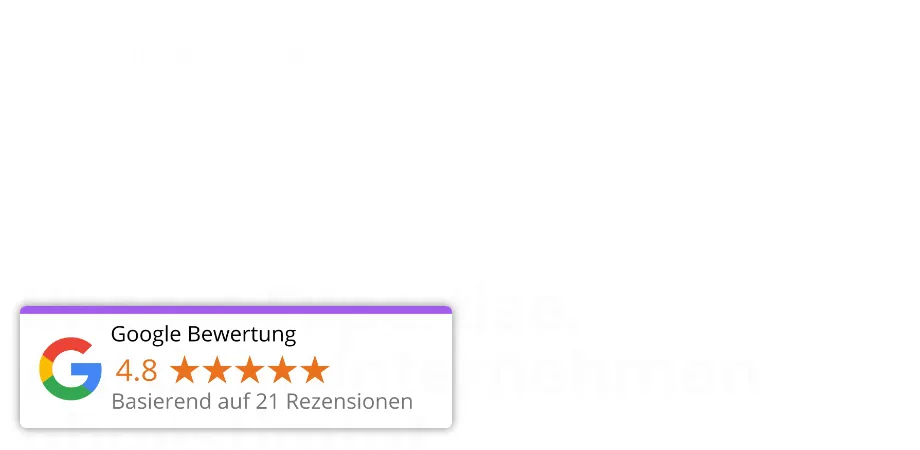 Ausschnitt der Website von Romanuk Consulting, Leverkusen: Externe Google-Note 4,8 aus 21 Rezensionen klar platziert — wer vergleicht, bekommt sofort nachvollziehbaren Sozialbeweis.