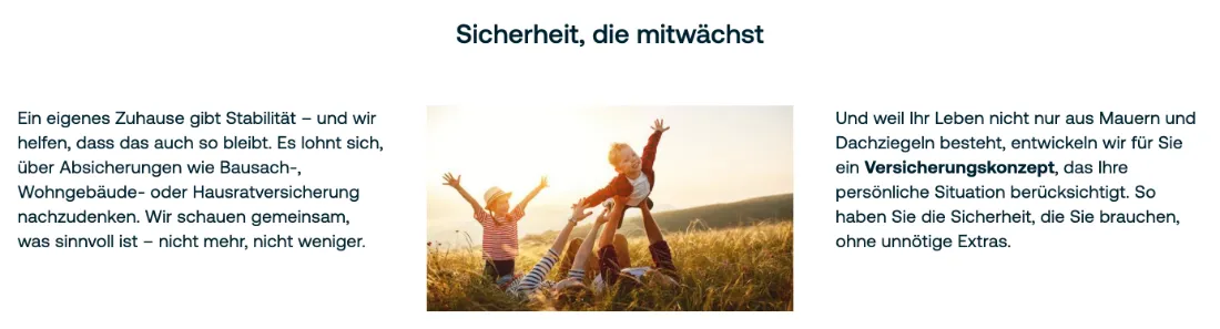Ausschnitt der Website von Finanz- GmbH Roth, Berlin: Konkrete Beispiele statt Floskeln — Wohngebäude- und Hausrat werden genannt, der Besucher weiß sofort, welche Absicherung gemeint ist.