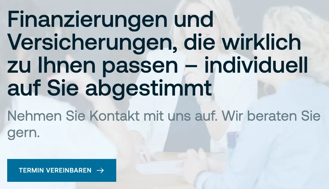 Ausschnitt der Website von Finanz- GmbH Roth, Berlin: Gut sichtbarer Button unten links — mit „Termin vereinbaren“ ist der nächste Schritt eindeutig und mit einem Klick erledigt.