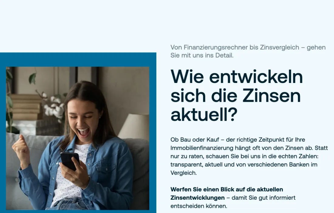 Ausschnitt der Website von Finanz- GmbH Roth, Berlin: Frage-Überschrift lenkt direkt zum Thema — echte Zinszahlen und Vergleich mehrerer Banken helfen bei einer fundierten Entscheidung.
