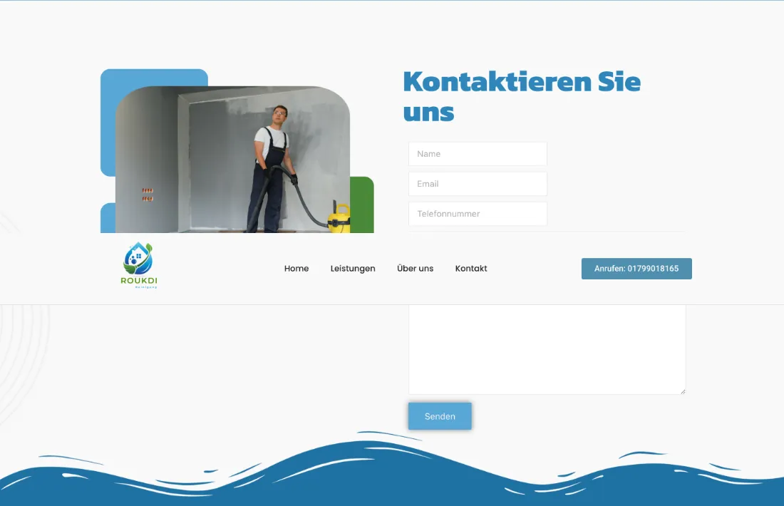 Ausschnitt der Website von Jaouad Roukdi, Dortmund: Drei Formularfelder und ein Anrufbutton mit 01799018165 — der Besucher wählt ohne Hürde den schnellsten Kontaktweg.