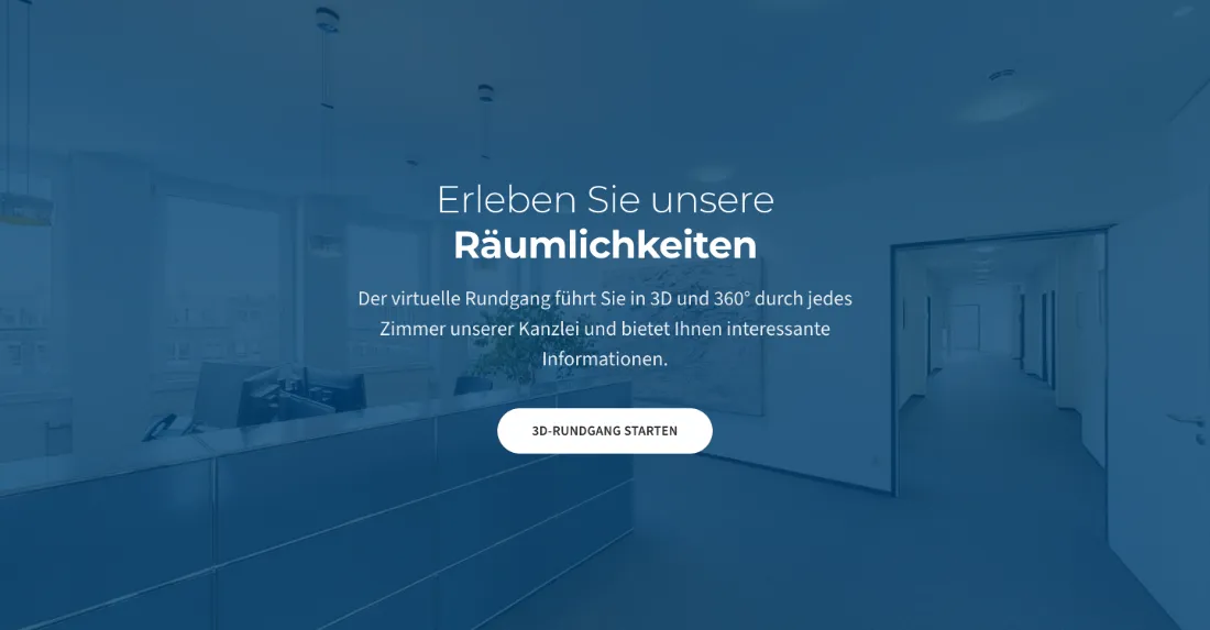 Ausschnitt der Website von Ruge Fehsenfeld, Hamburg: 3D‑Rundgang mit 360°‑Ansicht — der Besucher prüft jedes Zimmer vorab und entscheidet schneller, ob die Kanzlei passt.