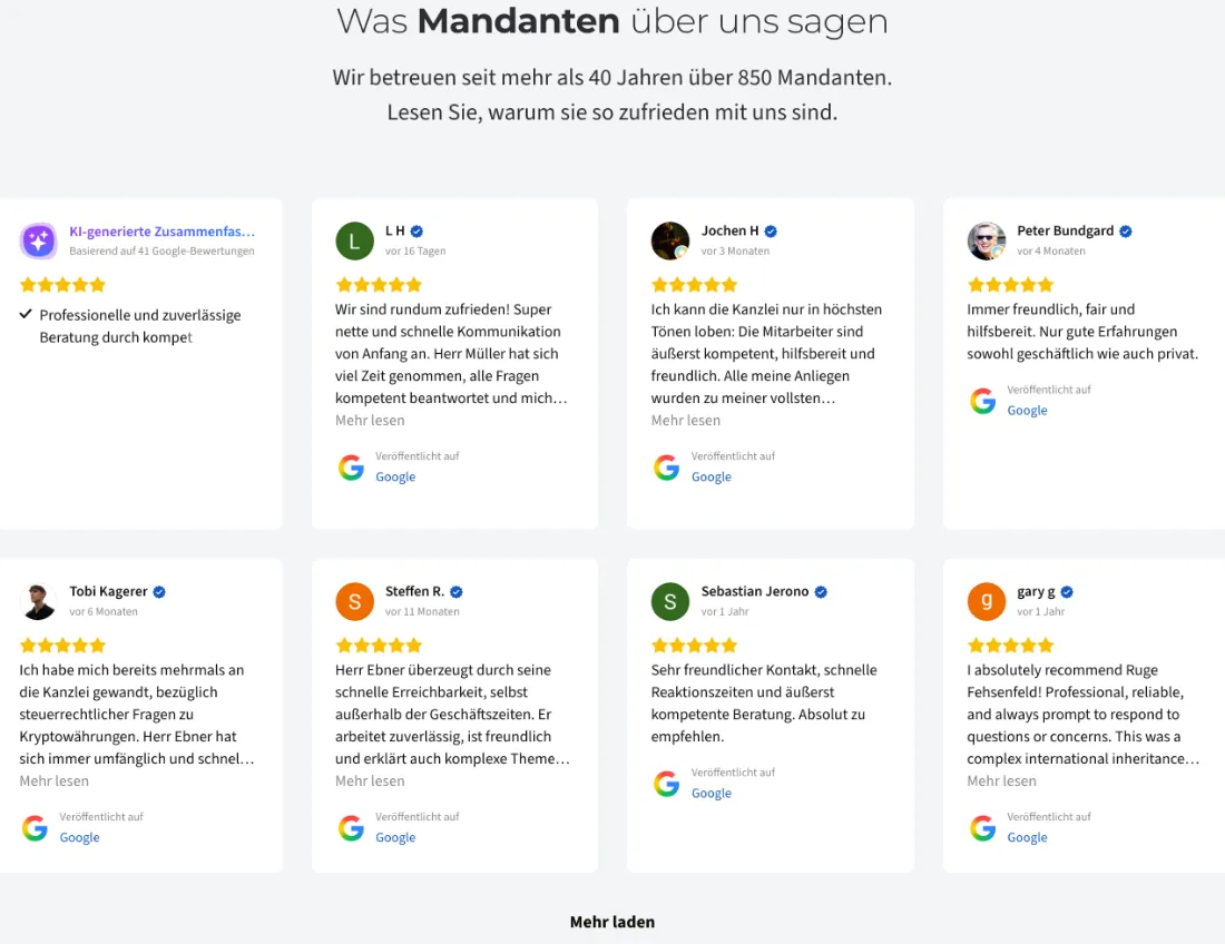 Ausschnitt der Website von Ruge Fehsenfeld, Hamburg: 40+ Jahre, 850 Mandanten und 41 Google‑Bewertungen — konkrete Zahlen und echte Stimmen erleichtern die Vertrauensprüfung.