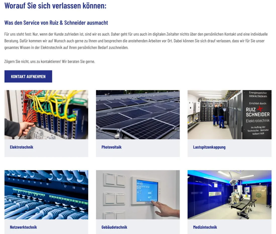 Ausschnitt der Website von Ruiz & Schneider Elektrotechnik Recklinghausen GmbH, Recklinghausen: Sechs klar benannte Kacheln plus Kontakt-Button oben — wer sucht, erkennt das Angebot sofort und findet den nächsten Schritt.