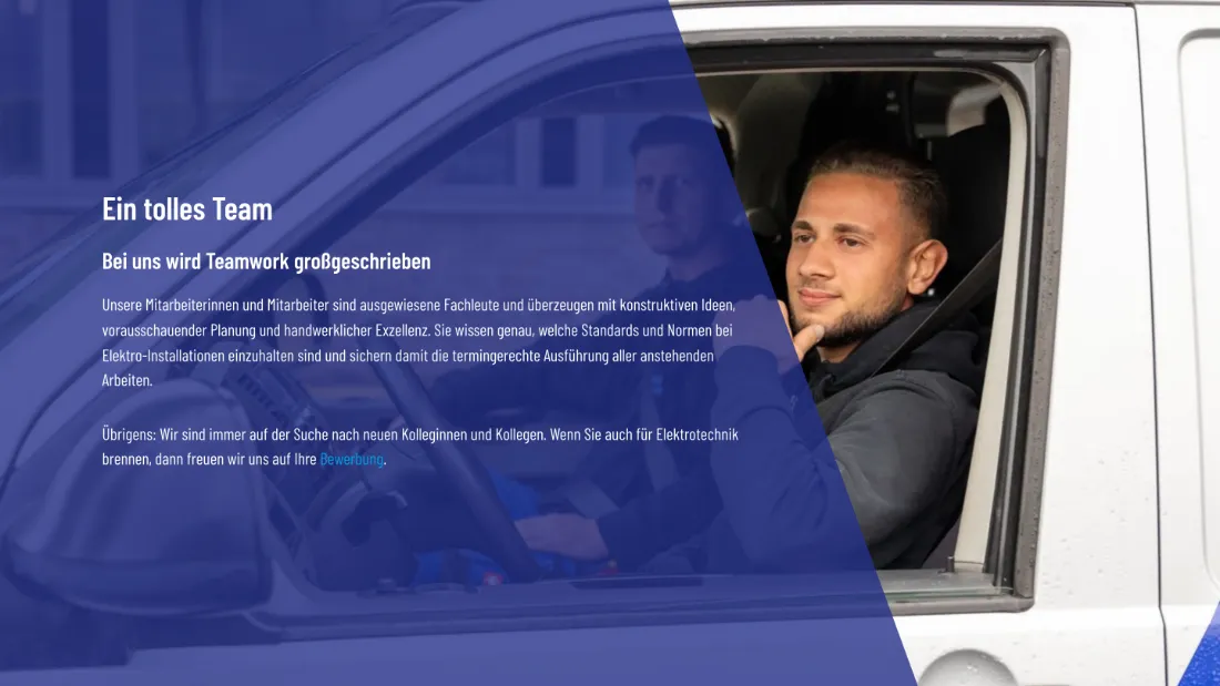 Ausschnitt der Website von Ruiz & Schneider Elektrotechnik Recklinghausen GmbH, Recklinghausen: Text erklärt Normen und Zusammenarbeit, daneben ein echtes Mitarbeiterfoto — schafft greifbare Kompetenz statt Floskeln.